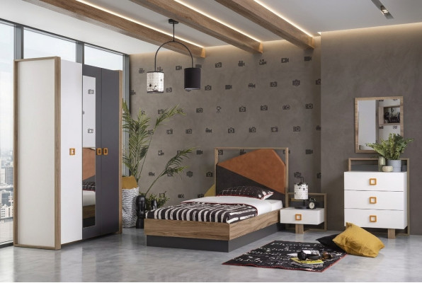 Schlofkummer Garnitur Bett Kannerzëmmer Set Designer Gro 5tlg Holz