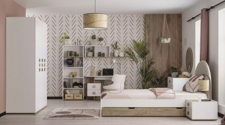 Kandermiwwele Komplett Kandebett Kannerzëmmer Bett Holz Wäiss Set 8 Deeler.