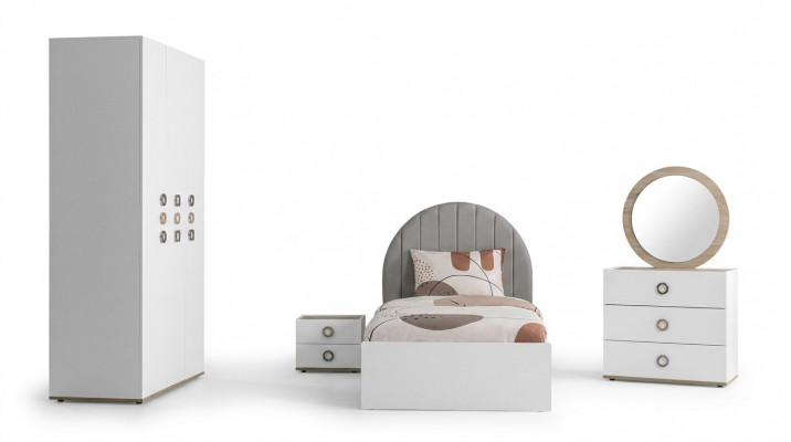 Kannerzëmmer Komplett Bettrahmen Kannermeubel Bett Holz Wäiss Set 5 Deeler