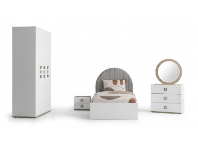 Kannerzëmmer Komplett Bettrahmen Kannermeubel Bett Holz Wäiss Set 5 Deeler