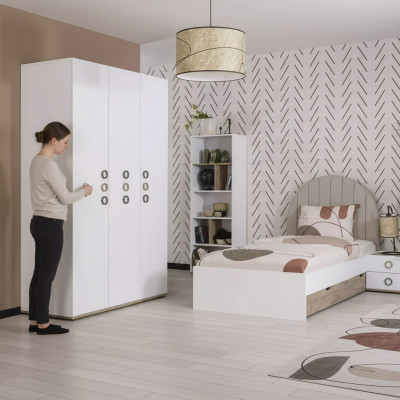 Jugendbett Set Kannerzëmmer Nospichteg Bett Holz Wäiss Set 4-deelech
