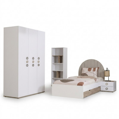 Jugendbett Set Kannerzëmmer Nospichteg Bett Holz Wäiss Set 4-deelech