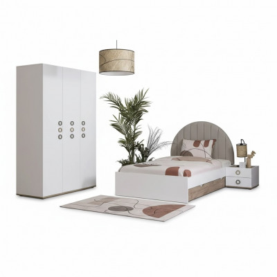 Kannerzëmmer Jugendbett Garnitur Nospiedestull Bett Holz Wäiss Set 3 Deeler