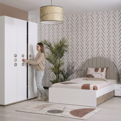 Kannermeubelen Kannerzëmmer Jugendbett Garnitur Bett Holz Wäiss Set 3-Stéck