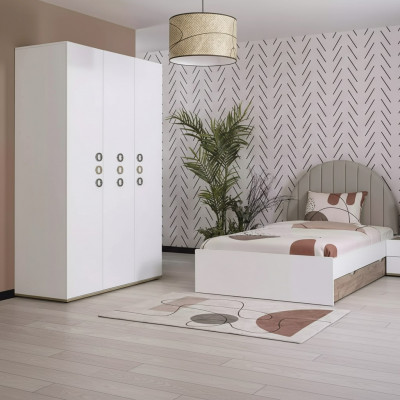Kannermeubelen Kannerzëmmer Jugendbett Garnitur Bett Holz Wäiss Set 3-Stéck