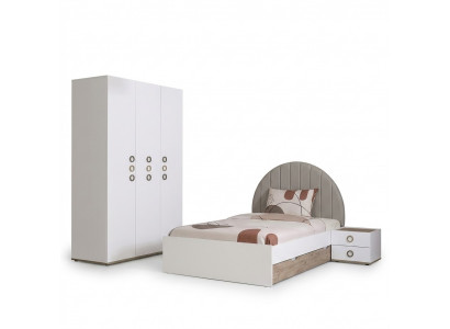 Kannermeubelen Kannerzëmmer Jugendbett Garnitur Bett Holz Wäiss Set 3-Stéck