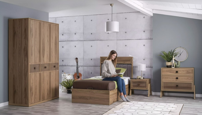 Bett mat Bettkëschte Bettrahmen Kannerbett Jugendbett Braun Holz Luxus