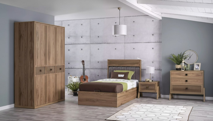 Bett mat Bettkëschte Bettrahmen Kannerbett Jugendbett Braun Holz Luxus