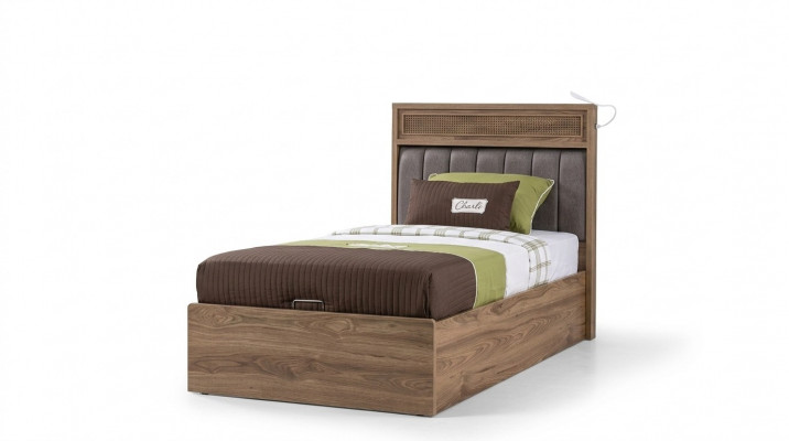 Bett mat Bettkëschte Bettrahmen Kannerbett Jugendbett Braun Holz Luxus