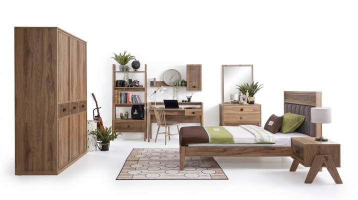Komplett Jugendbett Kannermebel Kannerzëmmer Bett Holz Brong Set 8 Stéck