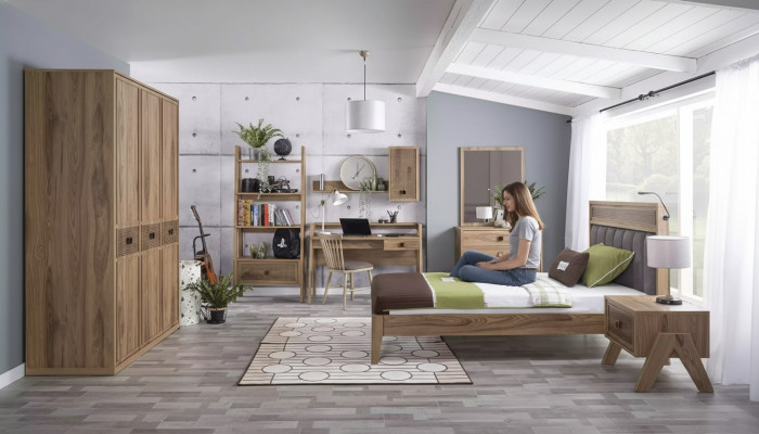 Kannermebel Grupp Jugendbett Kannerzëmmer Bett Holz Brong Set 8 Deeler