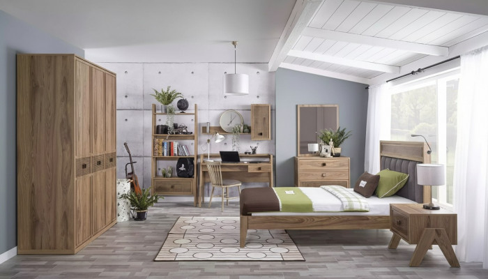 Kannermebel Grupp Jugendbett Kannerzëmmer Bett Holz Brong Set 8 Deeler