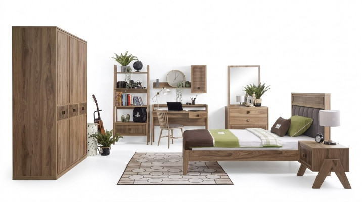 Kannermebel Grupp Jugendbett Kannerzëmmer Bett Holz Brong Set 8 Deeler