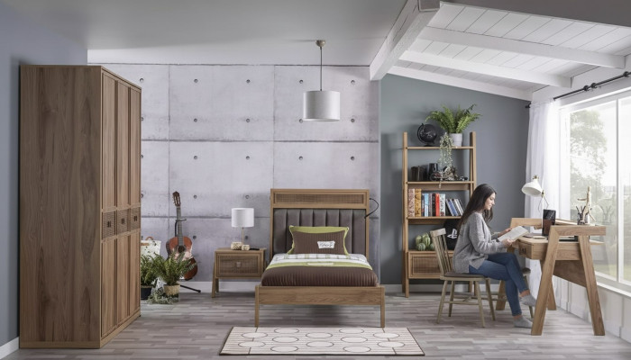 Holzbett Komplett Schlofzëmmermiwwelen Jugendbett Bett Braun Set 5 Stéck