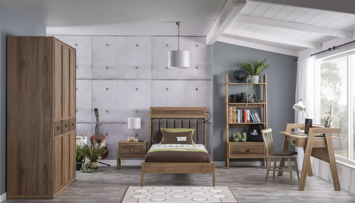 Holzbett Komplett Schlofzëmmermiwwelen Jugendbett Bett Braun Set 5 Stéck