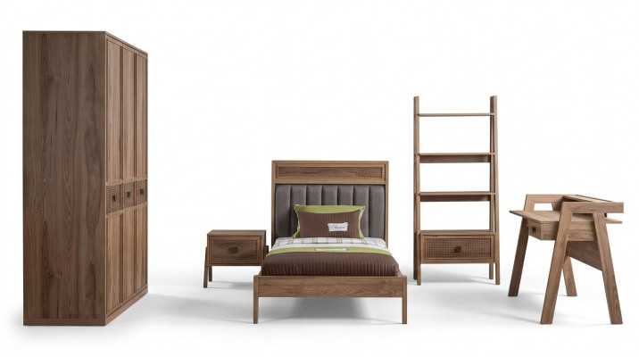 Holzbett Komplett Schlofzëmmermiwwelen Jugendbett Bett Braun Set 5 Stéck