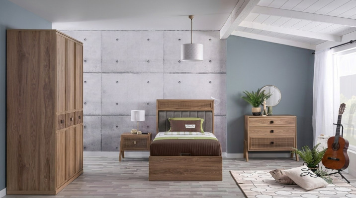 Holzbett mat Bettkëscht Komplette Jugendbett Bett Holz Braun Set 4tlg.