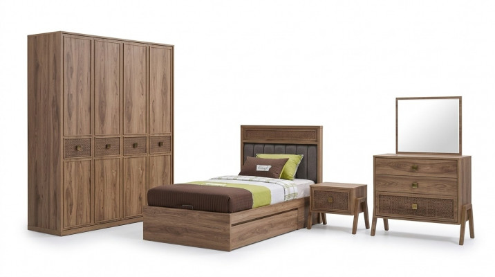Holzbett mat Bettkëscht Komplette Jugendbett Bett Holz Braun Set 4tlg.