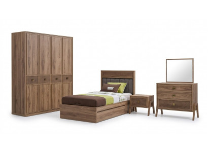 Holzbett mat Bettkëscht Komplette Jugendbett Bett Holz Braun Set 4tlg.