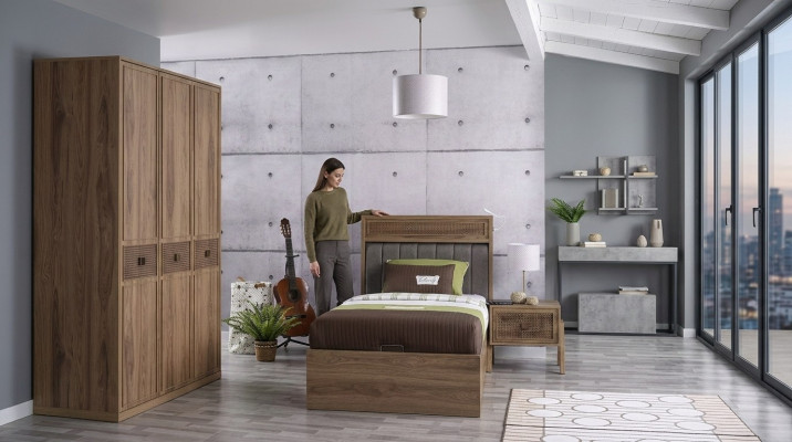 Bett Holzbett mat Bettkëscht Garnitur Jugendbett Holz Braun Set 3tlg