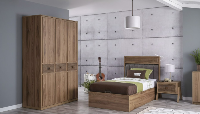 Bett Holzbett mat Bettkëscht Garnitur Jugendbett Holz Braun Set 3tlg