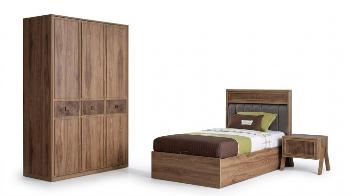 Bett Holzbett mat Bettkëscht Garnitur Jugendbett Holz Braun Set 3tlg
