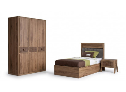Bett Holzbett mat Bettkëscht Garnitur Jugendbett Holz Braun Set 3tlg
