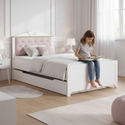 Funktiounsbett Chesterfield Auszuchbett Kannerbett Bett 100 Holz Rosa