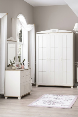 Schlofzëmmer Garnitur Kleederschaf Set 3 Stéck Kommode Holz Wäiss