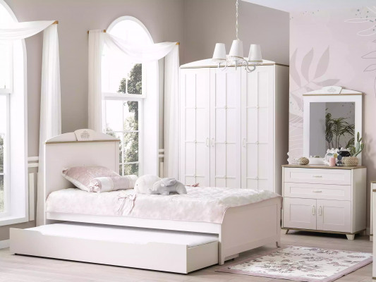 Funktiounsbett Auszéiht Kannerbett Bett Wäiss Set 5tlg Holzbed