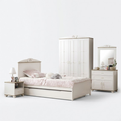 Funktiounsbett Auszéiht Kannerbett Bett Wäiss Set 5tlg Holzbed