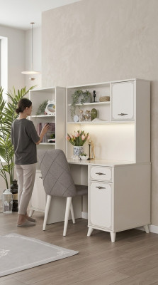 Grupp Comptoir Dësch Schreifdësch Set Holz Bicherregal Wäiss 3tlg Regal