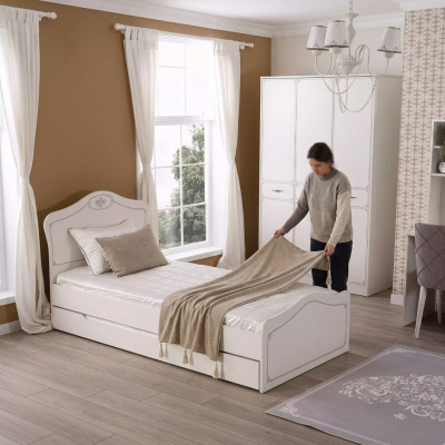 Bett Auszéibares Funktiounsbett Kannerbett Bettrahmen Wäiss Holz Better