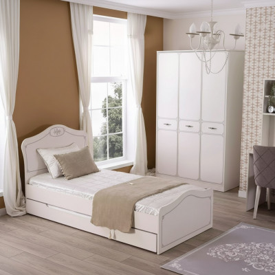 Bett Auszéibares Funktiounsbett Kannerbett Bettrahmen Wäiss Holz Better