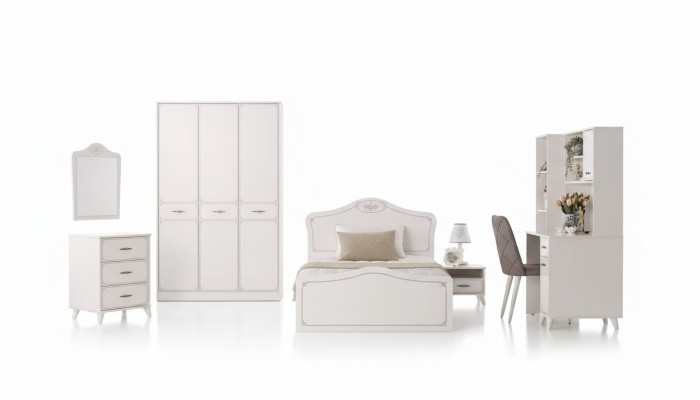 Komplett Jugendbett Funktiounsbett Auszéibar Set 8tlg Holz Wäiss