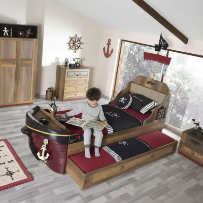 Garnitur Pirat Bettrahmen Jugendbett Holz Braun 3-deel Set Kannerzëmmer