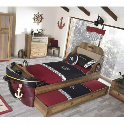 Garnitur Pirat Bettrahmen Jugendbett Holz Braun 3-deel Set Kannerzëmmer
