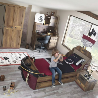 Pirat Funktiouns-Bett Kannerbett Brong Holz Set Nuetsdësch Better Bett