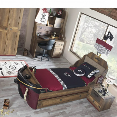 Pirat Funktiouns-Bett Kannerbett Brong Holz Set Nuetsdësch Better Bett