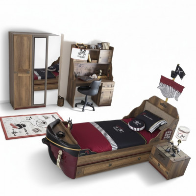 Pirat Funktiouns-Bett Kannerbett Brong Holz Set Nuetsdësch Better Bett