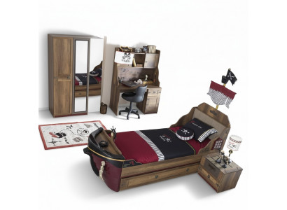 Pirat Funktiouns-Bett Kannerbett Brong Holz Set Nuetsdësch Better Bett