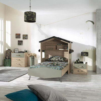 Garnitur Bett Kannermeubelen Kannerzëmmer Gréng Bettrahmen 3-Stéck Holz Set