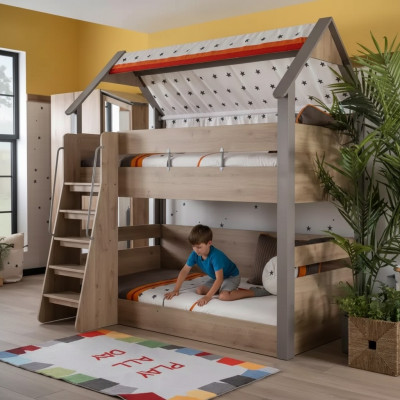 Stockbett Kannerbett Bett Bettrahmen Kannerzëmmer Holz Braun Design