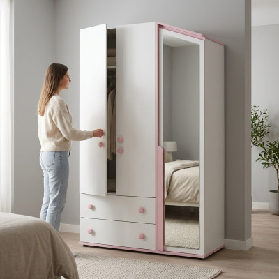 Design Kleederschaf Holzschaf Schaf Miwwel Holz Spigel Wäiss Nei