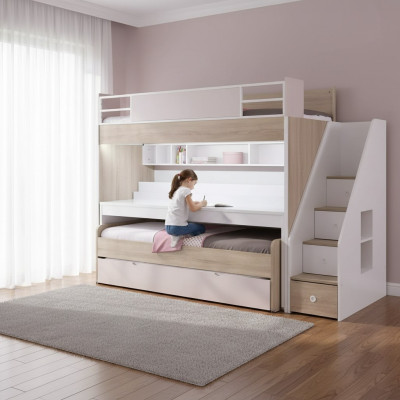 Etagenbett Bett mat 3 Schlofplazen Multifunktionsbett Holz Rosa Luxus Héichbett
