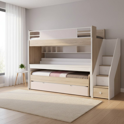 Etagenbett Bett mat 3 Schlofplazen Multifunktionsbett Holz Rosa Luxus Héichbett