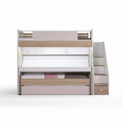 Etagenbett Bett mat 3 Schlofplazen Multifunktionsbett Holz Rosa Luxus Héichbett