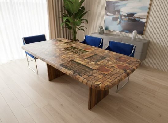 Iessdësch Epoxidharz Iesszëmmerdësch Mosaik Dësch 90 cm Holz Braun Nei