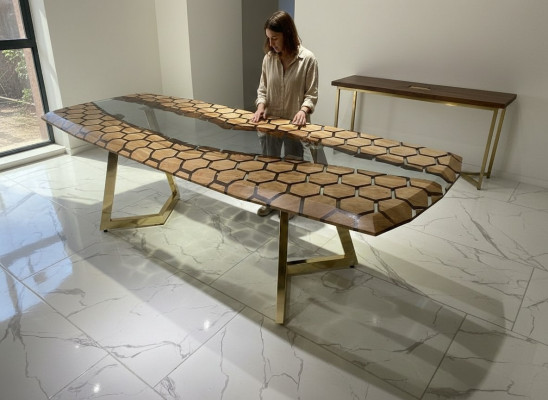 XXL Iesszëmmerdësch, Iessdësch, Epoxidharz, Kichendësch, Grouss, Holz, Brong.