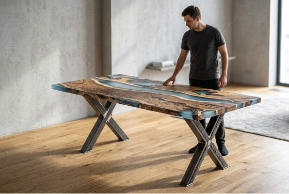 Kichen Dësch Iessdësch Epoxidharz Iesszëmmer Dësch Dësch 160 cm Holz Braun